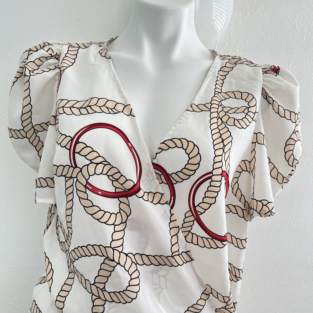 NEW Mariner Wrap Blouse Top Puff Sleeves Rope Print nautical Coastal Beach - Picture 8 of 13